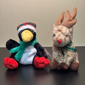 TY Festive Penguin and Reindeer Beanie Babies
